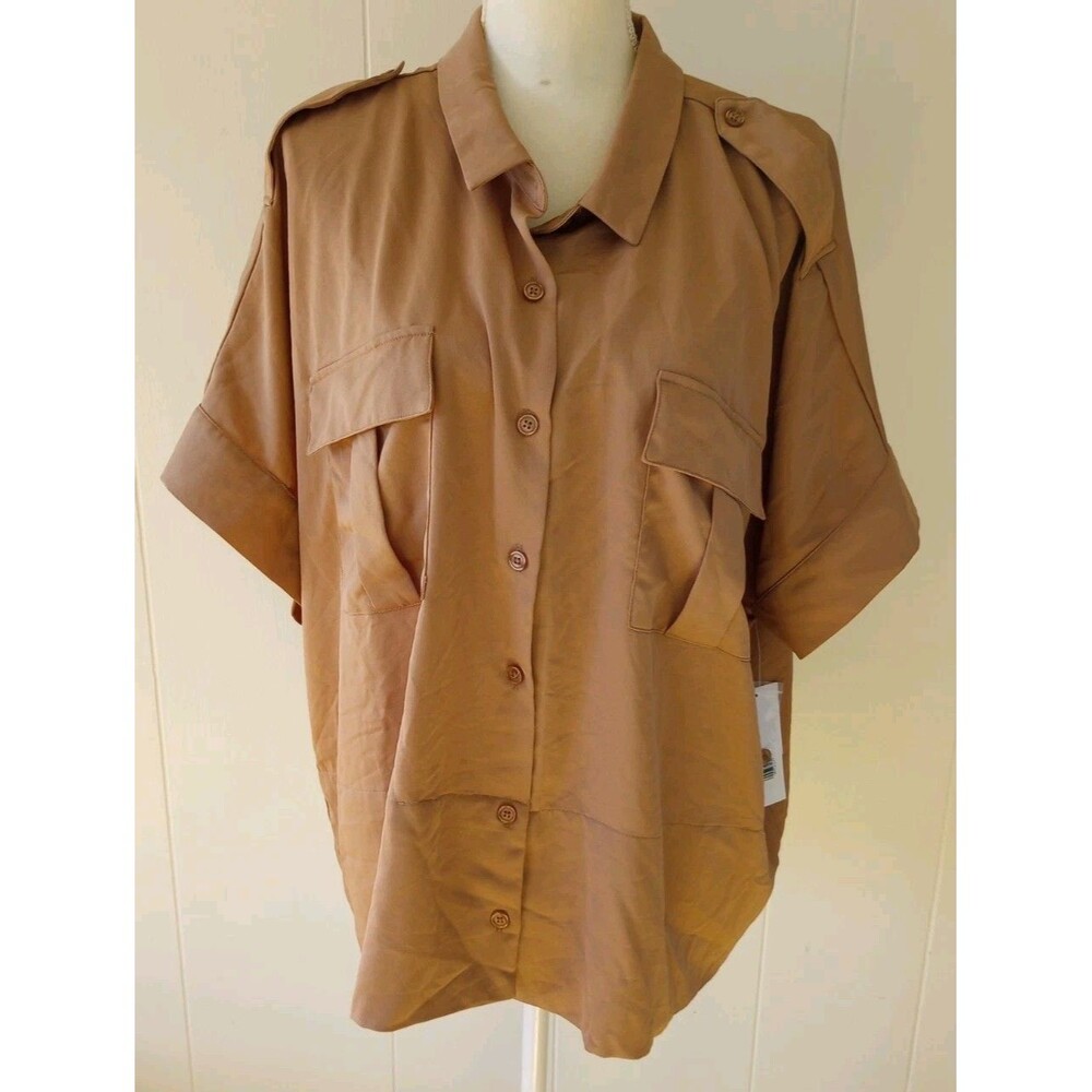 JustFab Button Front Shirt Womens 3X Tan Brown Short Sleeve Safari Neutral NWT